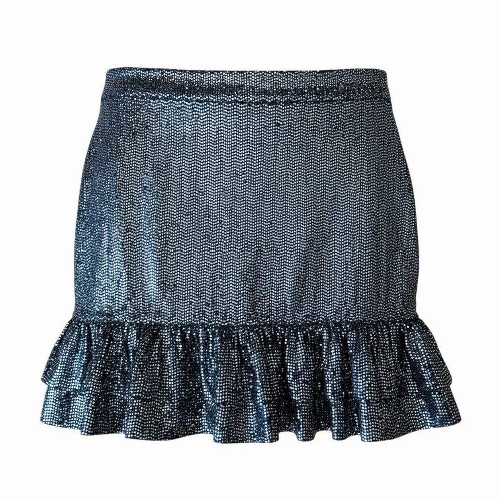 Michael Kors Sequin Metallic Dot Ruffle Hem Mini Skirt Black Silver Sz L NWT